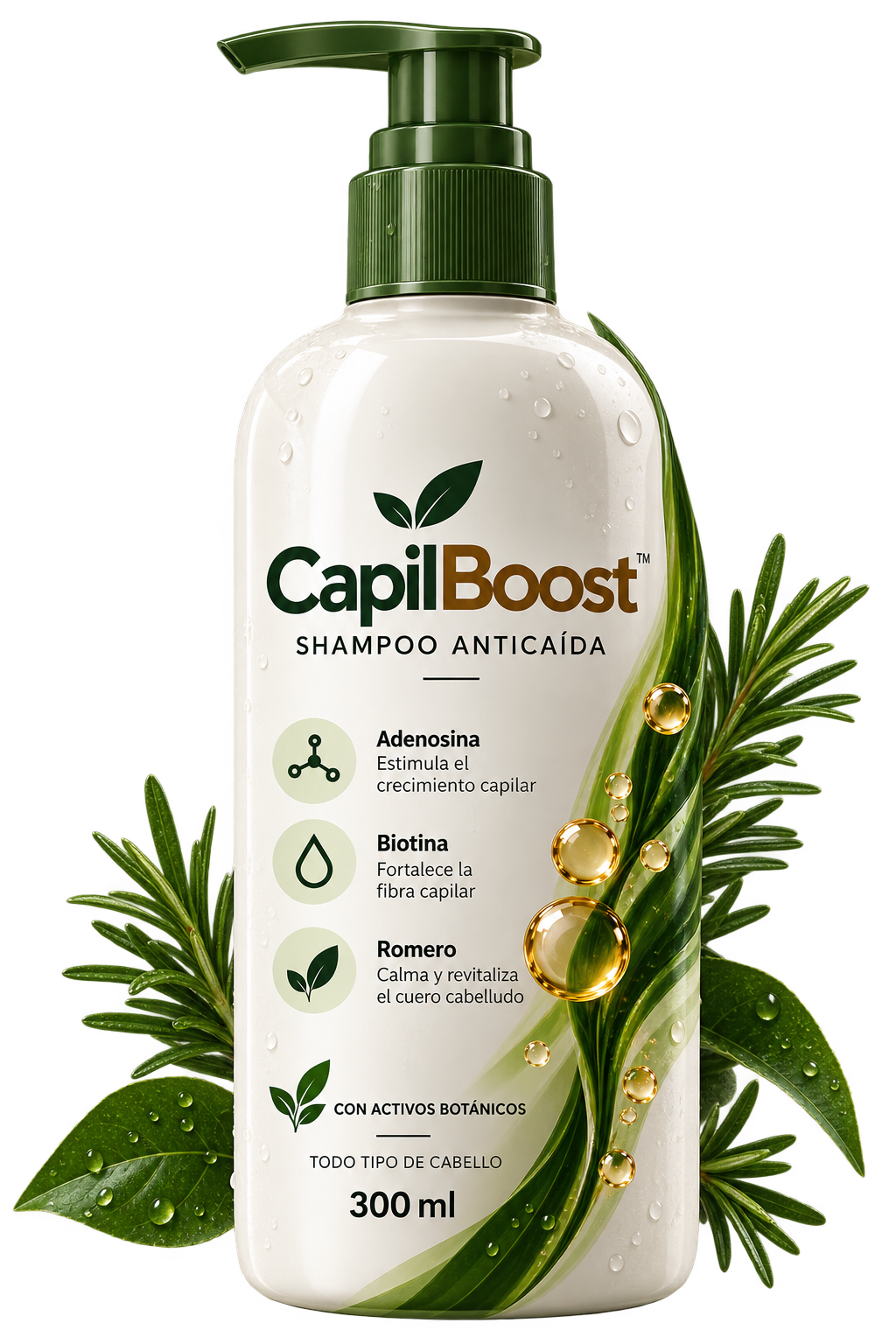 Botella de CapilBoost, shampoo anticaída con Adenosina, Biotina y Romero